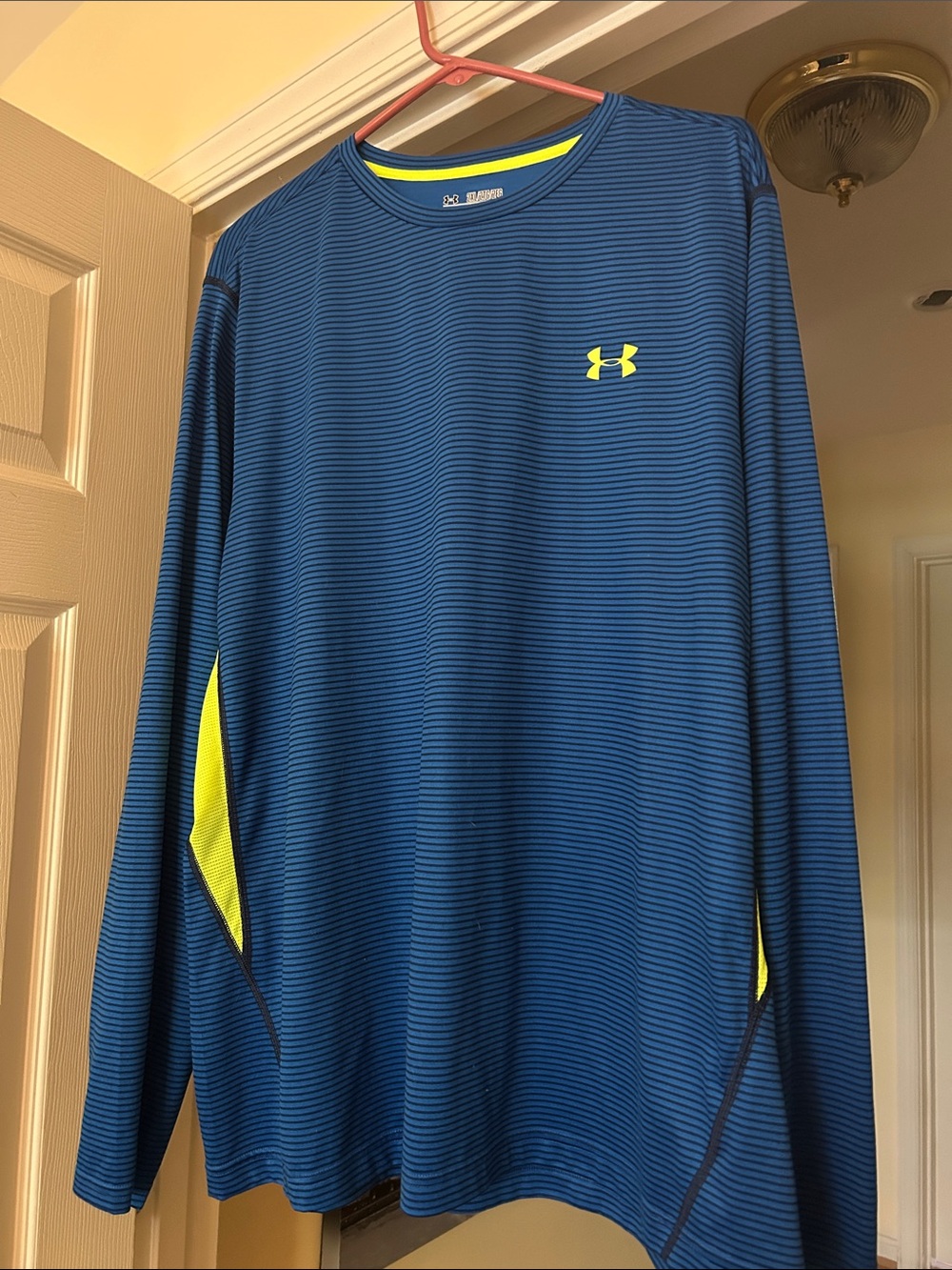 Under Armour Men's Blue Long Sleeve Performance Shirt with Neon Yellow Accents
